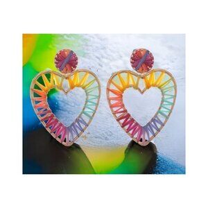 NEW AMRITA SINGH Heart Drop BOHO Raffia Earring Rainbow Color Romantic One Size